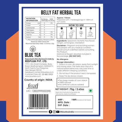 BLUE TEA - Belly Tea - 30 Tea Bags - Pyramid Plant Based | Caffeine Free - Herbal Tea - Sugar Free | Zipper Pack