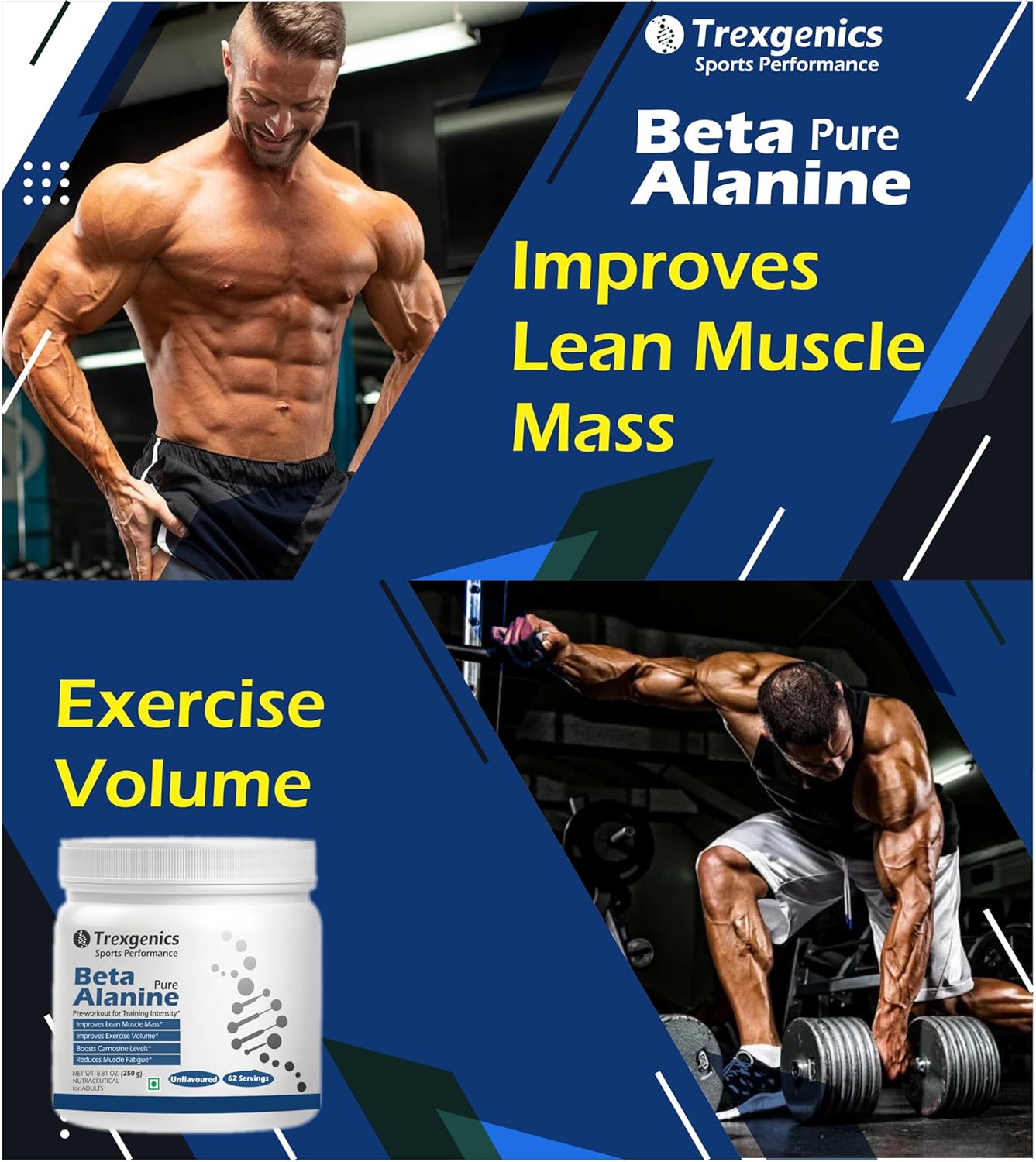 Advertisement for Trexegenics Beta Pure Alanine showing a muscular man exercising with text about its benefits.