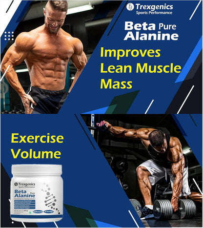 Advertisement for Trexegenics Beta Pure Alanine showing a muscular man exercising with text about its benefits.