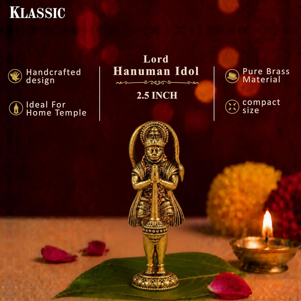 2.5 Inch Pure Brass Lord Hanuman Idol | Bajrangbali Murti for Home Temple, Mandir, Pooja Room & Office Desk | Ideal for Pooja, Diwali, Festive Gifting & Religious Home Decor