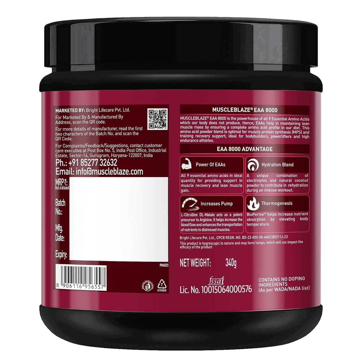 MuscleBlaze EAA 8000 Powder (Razz Lemonade, 340g, 25 Servings) | 8000mg EAAs Blend, 1000mg Hydration Blend | 750mg L-Citrulline
