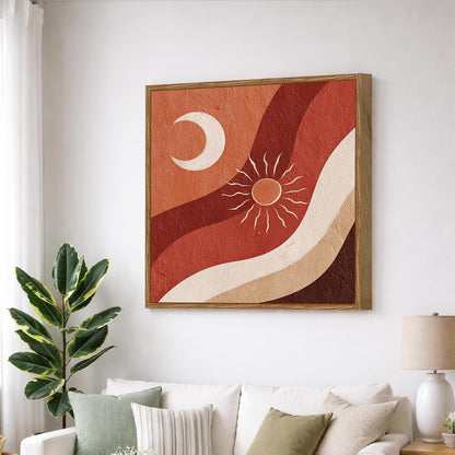 Boho Sun Moon Framed Painting For Living Room | Abstract Desert Large Canvas Painting With Frame Wall Art For Bedroom, Hallway's, Office, Hotel, Size 58x58 cm