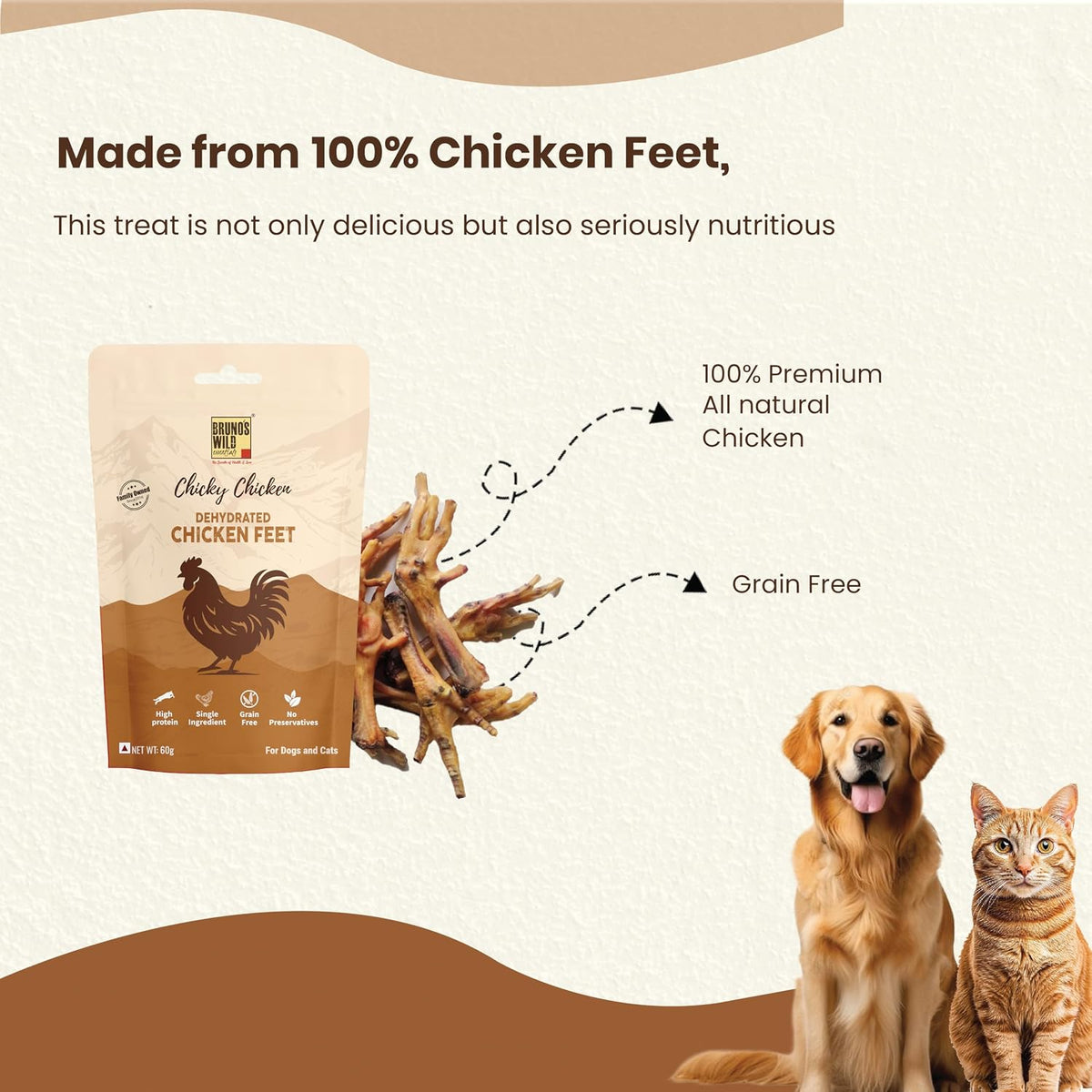Brunos Dehydrated Chicken Feet - 60g | Treat for Dogs & Cats | Grain Free Natural Treats|Single Ingredient | Preservative Free | Support Snack for Healthy Skin, Coat & Joints
