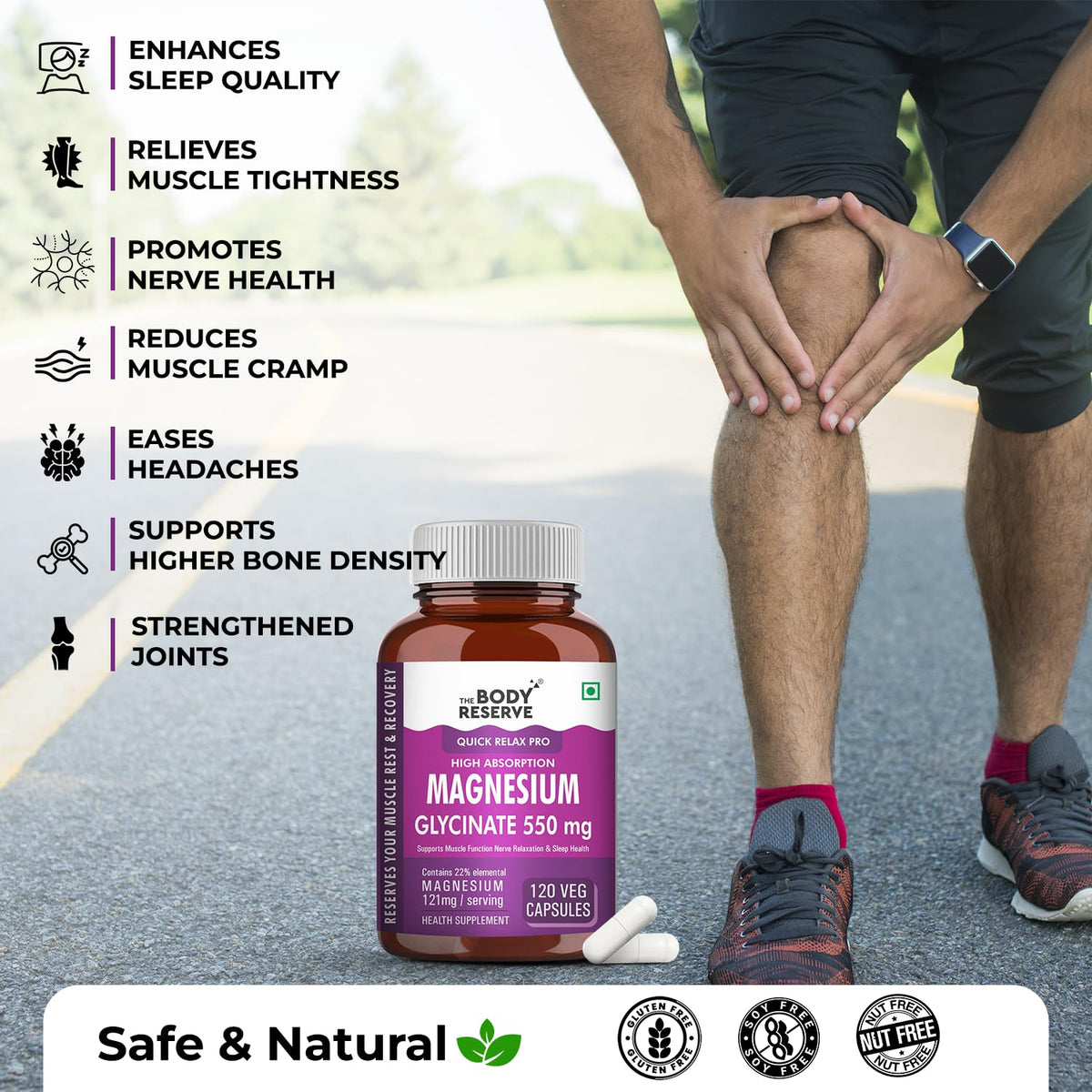 Body Reserve Magnesium supplement bottle with a person holding their knee outdoors.