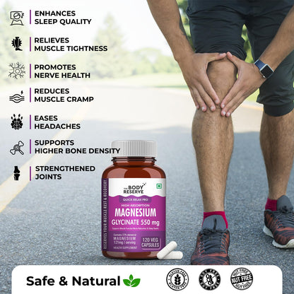 Body Reserve Magnesium supplement bottle with a person holding their knee outdoors.