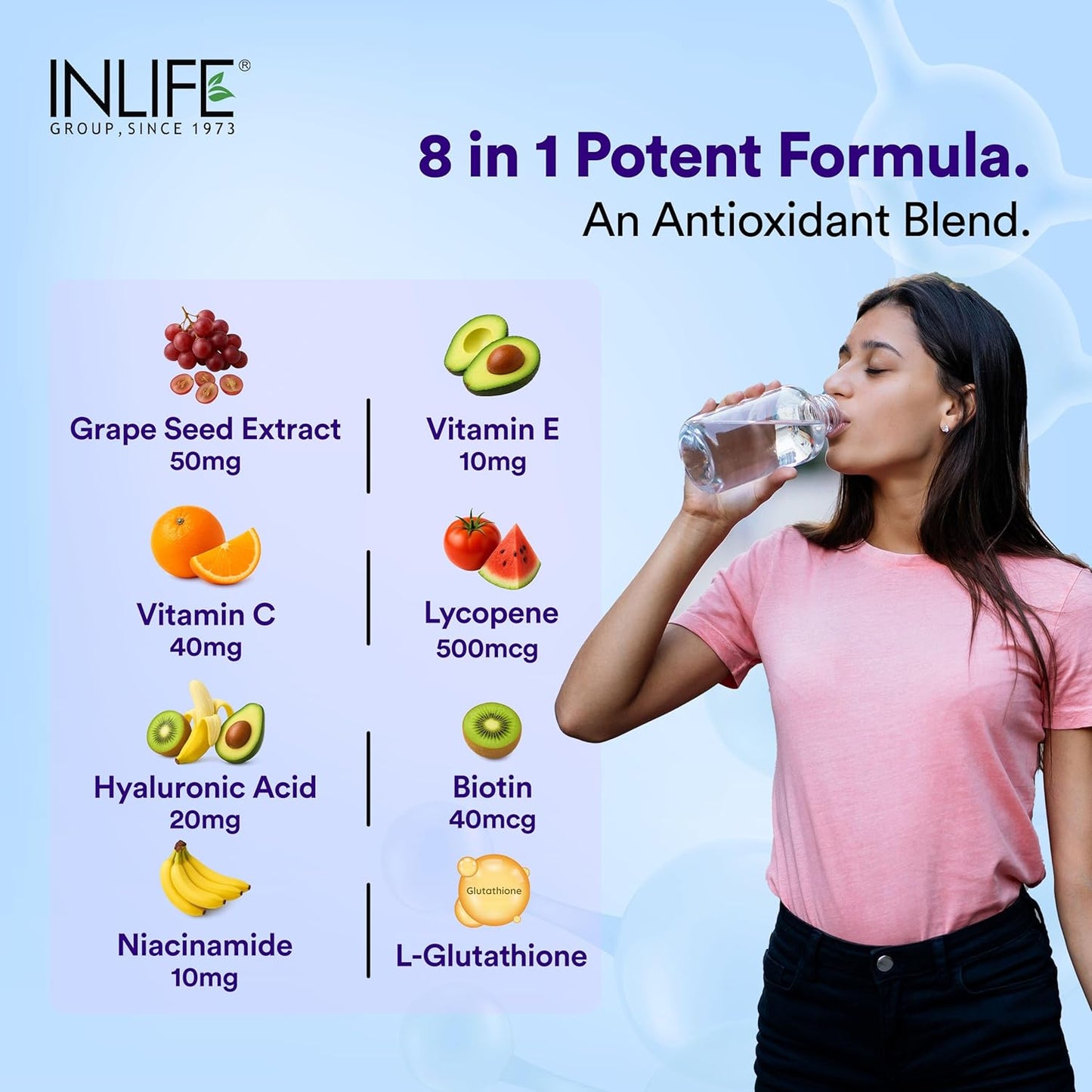 INLIFE L-Glutathione Reduced 500mg | Grape Seed Extract, Vitamin C, Hyaluronic Acid, Niacinamide, Vitamin E, Lycopene & Biotin | Antioxidant Complex for Skin & Immune Support - 30 Vegetarian Capsules (Pack of 1)
