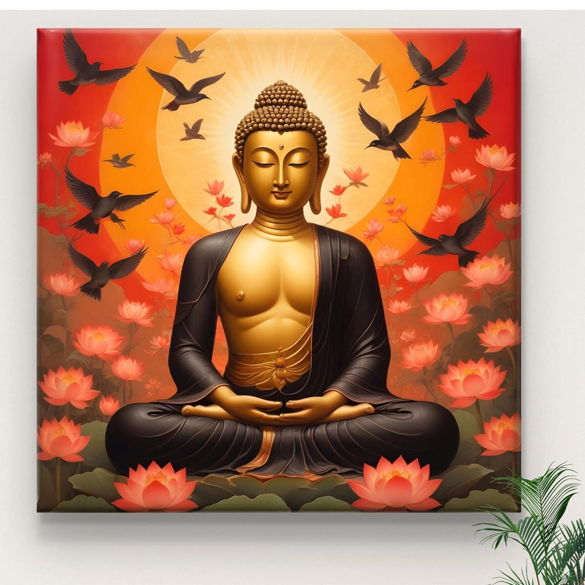 Buddha Wall Art Canvas, Meditation Lotus Flowers, Spiritual Zen Decor with Birds, Orange Sunset Background 16 Inch x 16 Inch CVS-38103