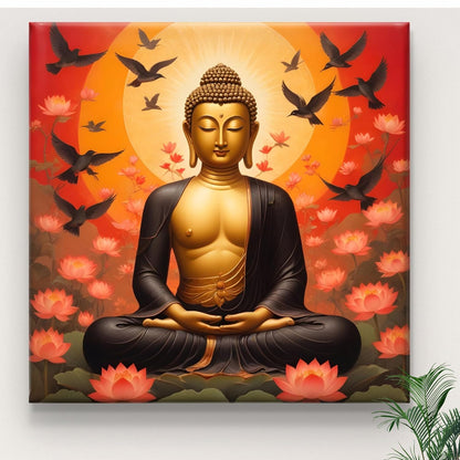 Buddha Wall Art Canvas, Meditation Lotus Flowers, Spiritual Zen Decor with Birds, Orange Sunset Background 16 Inch x 16 Inch CVS-38103