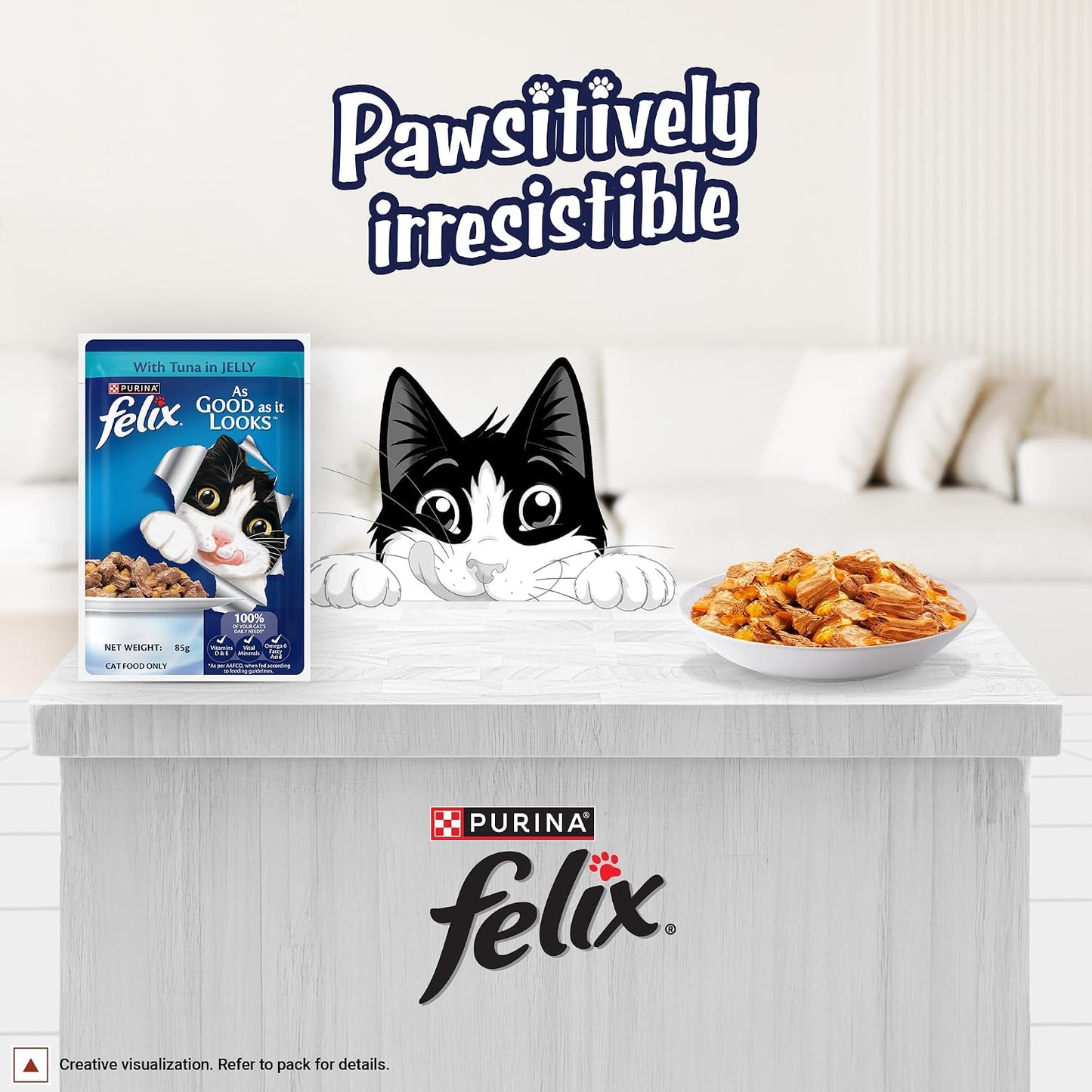 Purina Felix Tuna in Jelly, Wet Food for Adult Cats, 85g Pouch | With Tuna in Jelly, Tasty Meaty Chunks, 100% Complete & Balanced Nutrition, Vitamins D & E, Omega 6, Essential Minerals