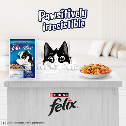 Purina Felix Tuna in Jelly, Wet Food for Adult Cats, 85g Pouch | With Tuna in Jelly, Tasty Meaty Chunks, 100% Complete & Balanced Nutrition, Vitamins D & E, Omega 6, Essential Minerals