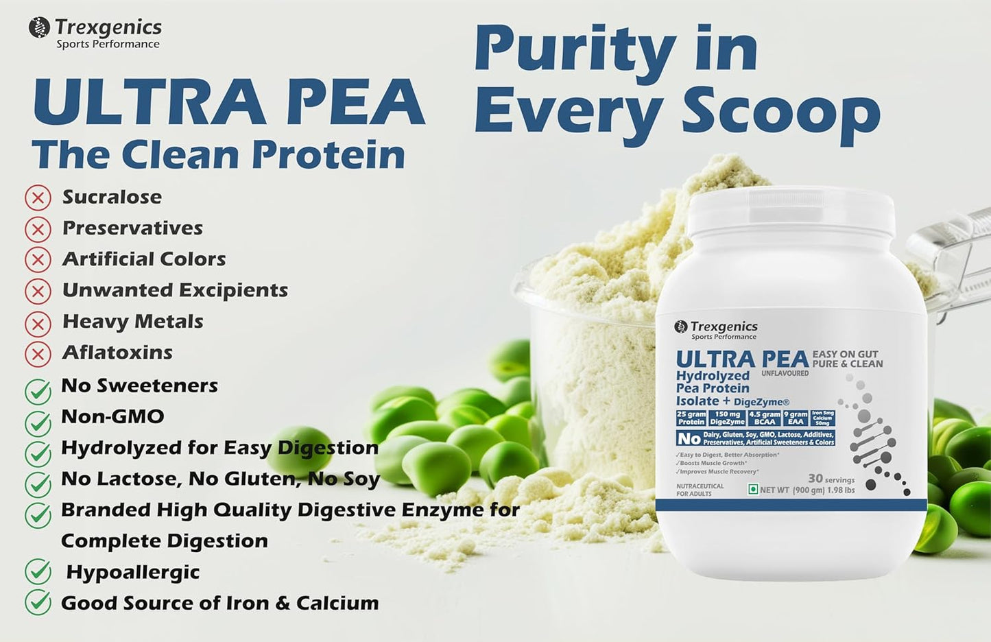 Trexgenics ULTRA PEA Hydrolyzed Pea Protein ISOLATE UNFLAVOURED, 30 Servings, Easy on Gut, Pure & Clean 25gm PROTEIN, 4.5 gm BCAA, 9 gm EAA with DigeZyme Digestive enzyme Complex, Muscle Growth (900 gram)