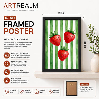 Strawberry Wall Art Framed Painting for Home Decor, Fruit Botanical Artwork Wall Decor for Living Room Bedroom Kitchen Dining Room, Green Retro Aesthetic Room Decoration (DGN06-Black10x13 inch)