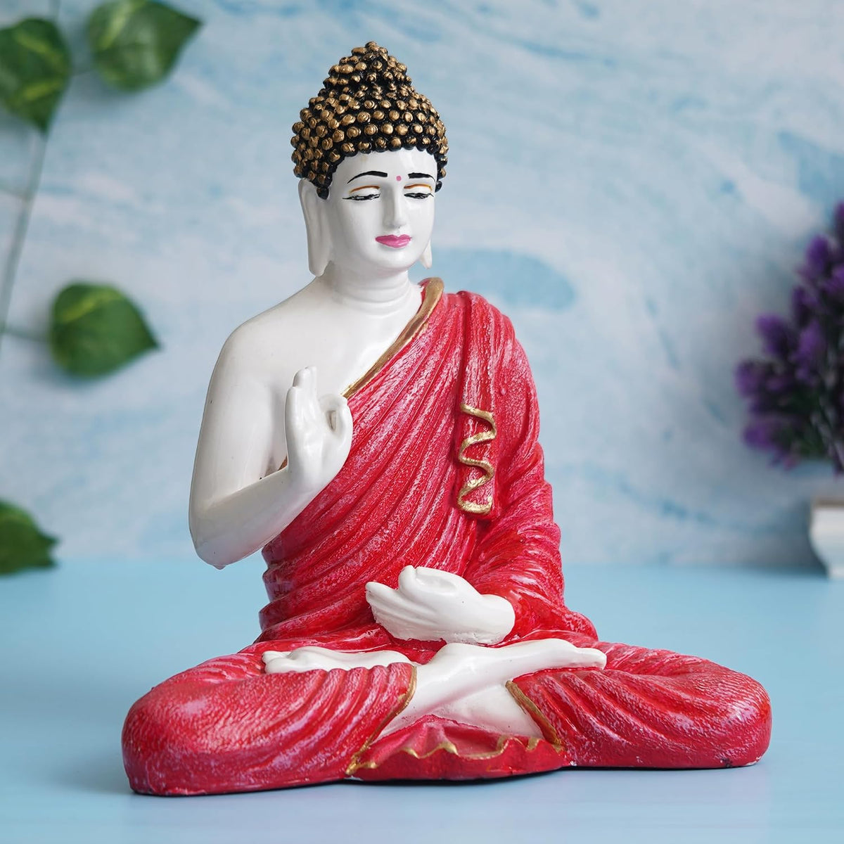 Red Resin Handcrafted Blessing Lord Buddha Idol | Serene Home, Office Decor | Perfect for Offices, Meditation Rooms | Gift for Housewarmings, Diwali