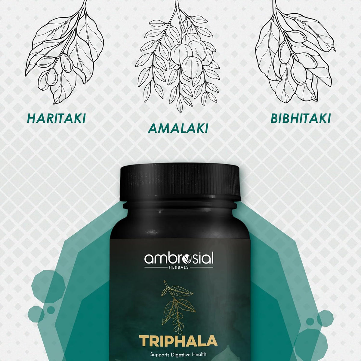 Black bottle labeled 'Triphala' by ambrosial with illustrations of herbs above on a light gray background.
