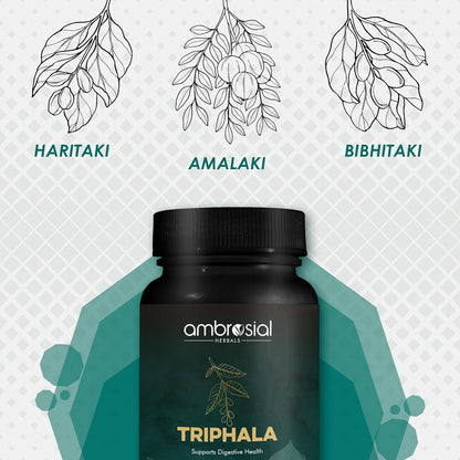 Black bottle labeled 'Triphala' by ambrosial with illustrations of herbs above on a light gray background.