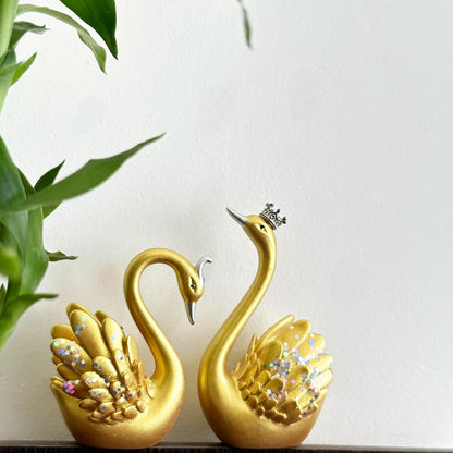 Lucky Swan Couple Crystal Wings showpiece for Home Living Room Decor | Romantic Love Bird Couple Gift for Valentine, Anniversary, Birthday (Set of 2 Pc) (Gold) (Small)