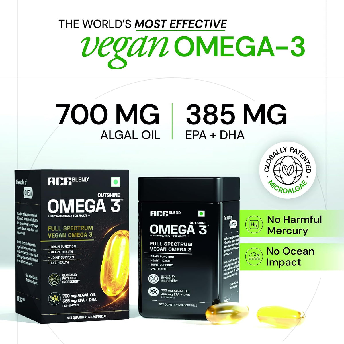 Ace Blend Outshine Omega 3 Vegan with 385mg EPA + DHA per Softgel | Full Spectrum Algal Oil | 700mg Algal Oil | Plant-Based Omega 3 Supplement | For Men & Women | 30 Softgels