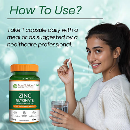 Pure Nutrition Zinc Glycinate Supplement (66 mg) | 120 Veg Capsules | 13.2 mg Elemental Zinc | Daily Zinc Supplement for Skin, Hair & General Wellness
