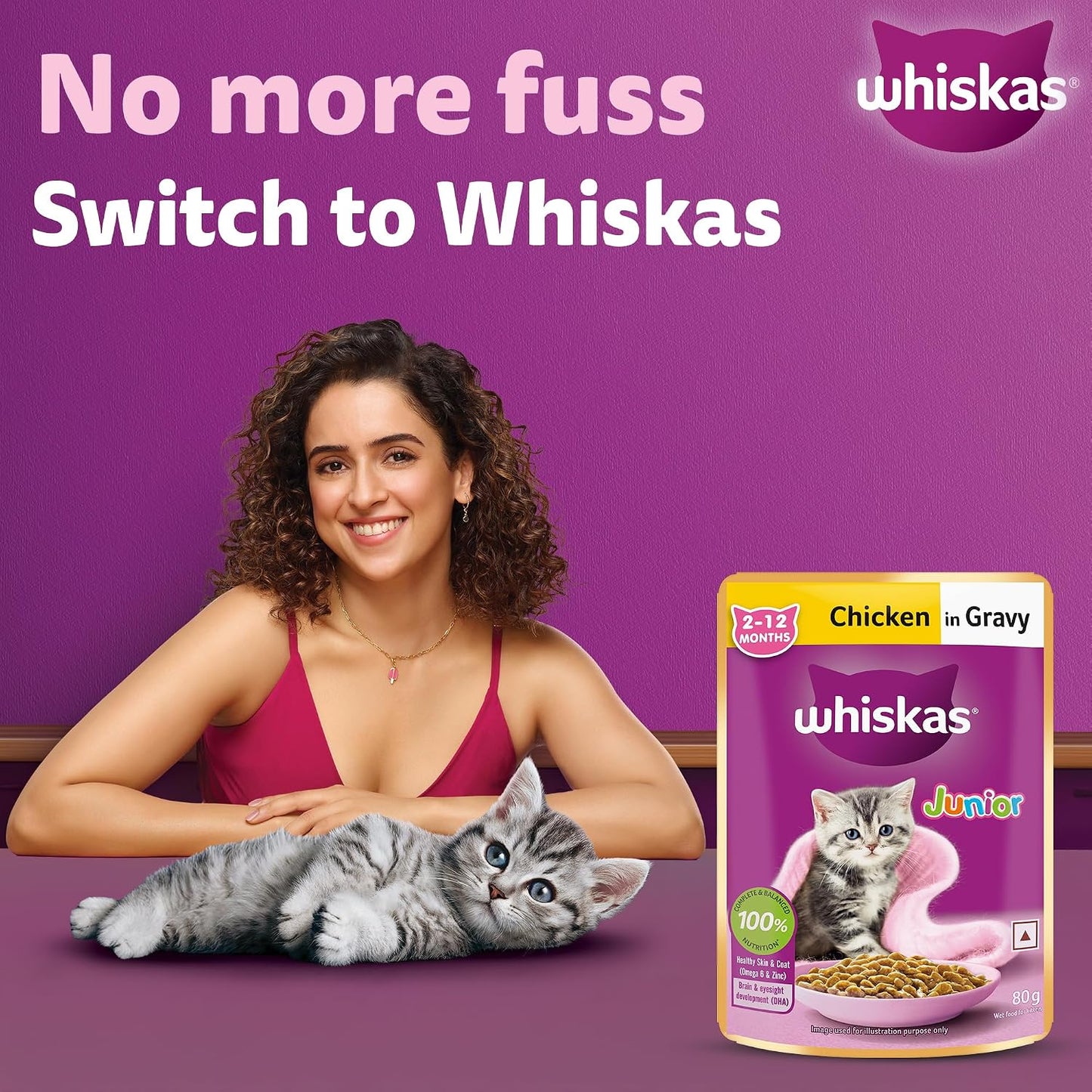 Whiskas Junior Kitten (2-12 Months) Wet Cat Food, Chicken in Gravy, 80 g Hydrating Food Made With Real Chicken, 100% Complete & Balanced Nutrition for Kittens