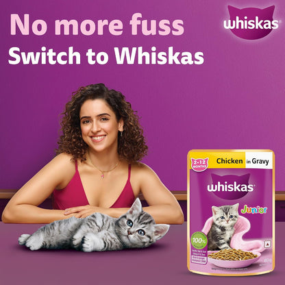 Whiskas Junior Kitten (2-12 Months) Wet Cat Food, Chicken in Gravy, 80 g Hydrating Food Made With Real Chicken, 100% Complete & Balanced Nutrition for Kittens