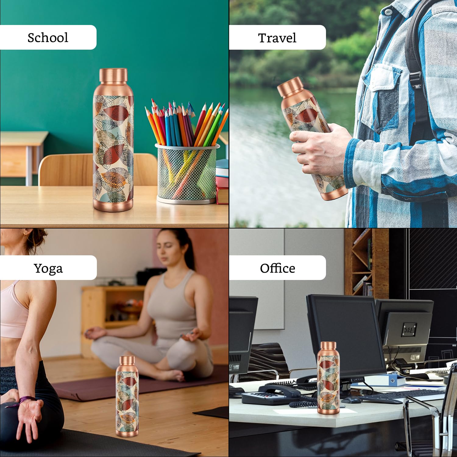 Collage of a water bottle used in various settings including school, travel, yoga, and office.
