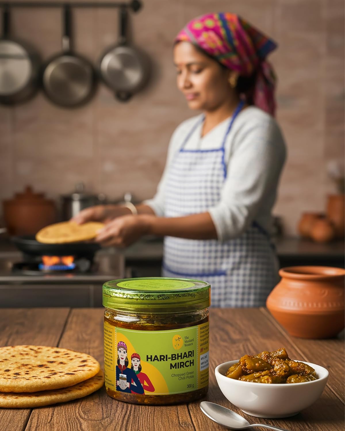 The Mustard Woman Hari-Bhari Mirch Pickle 300 g | Himachali Green Chilli Achar | Chopped Hari Mirch Homemade Style Spicy & Flavorful Indian Pickle | No Artificial Preservatives
