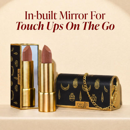 LoveChild Masaba "The Batua" Lipstick, Chai Khari (Nude Brown) Rich Satin Finish Lipstick with Built-in Mirror, Hydrating, Nourishing Formula with Jojoba Oil, 4g