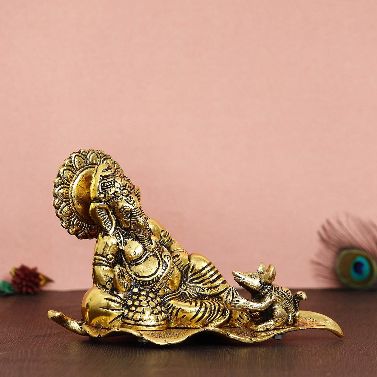 Golden Metal Lord Ganesha Statue Sitting On a Leaf with Mouse | Ganesha Idol for Home Decor Car Dashboard | Ganpati Murti Gift for Diwali Housewarming
