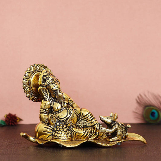 Golden Metal Lord Ganesha Statue Sitting On a Leaf with Mouse | Ganesha Idol for Home Decor Car Dashboard | Ganpati Murti Gift for Diwali Housewarming