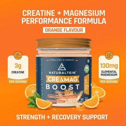 Naturaltein Creamag Boost Creatine 3g + Magnesium Bisglycinate 130mg Supplement Powder, Orange Flavour, Supports Strength, Energy & Recovery, 100g (20 Servings)