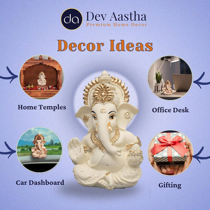Lord Ganesha Idol for Car Dashboard, Home Decor & Pooja | Resin Gold Plated Ganpati Murti | 3.5 Inch Ganesh Statue for Gift, Diwali, Housewarming, Baby Shower, Mandir Decor, Off White, P -1