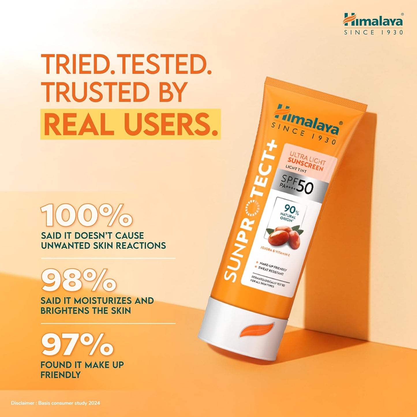 Himalaya Sunprotect sunscreen tube with user feedback on an orange background