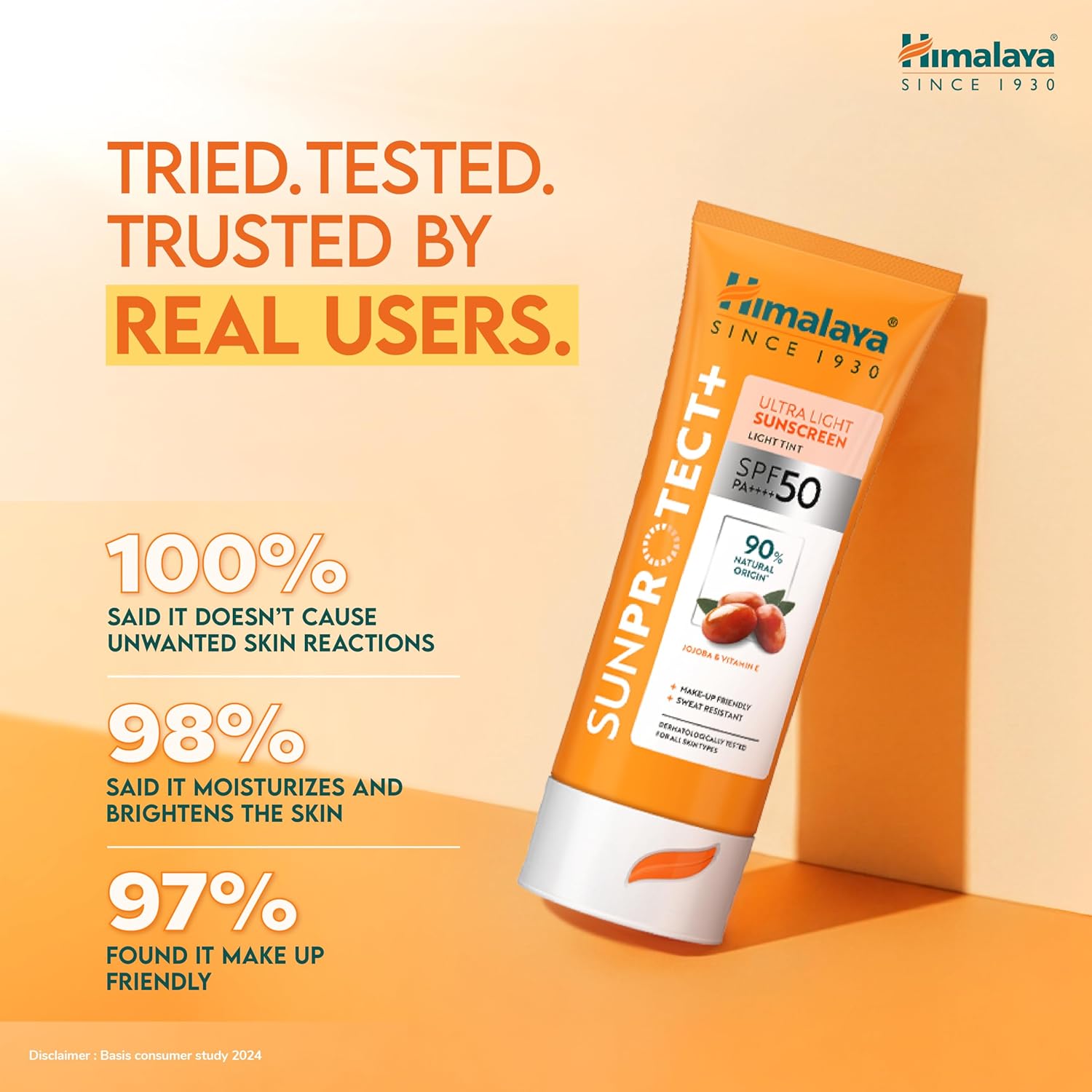 Himalaya Sunprotect sunscreen tube with user feedback on an orange background