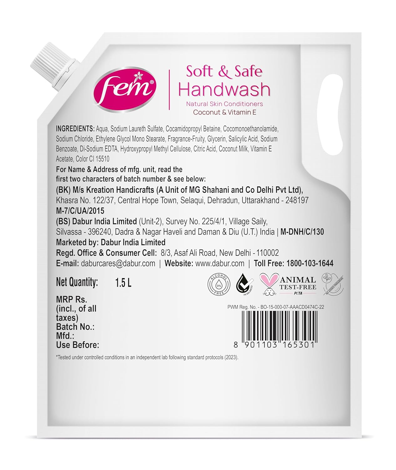DABUR Fem Fruity Squash Soft & Safe Handwash - 1500Ml | Germ Protection | Enriched With Goodness Of Coconut Milk & Vitamin E | Long Lasting Fragrance
