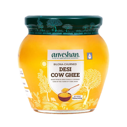 Anveshan A2 Cow Ghee 500ML | Desi Ghee in Glass Jar | Bilona Method | Grass-Fed | Curd-Churned | Cultured Ghee | Pure, Natural, Healthy | Keto-Friendly | Lab Tested