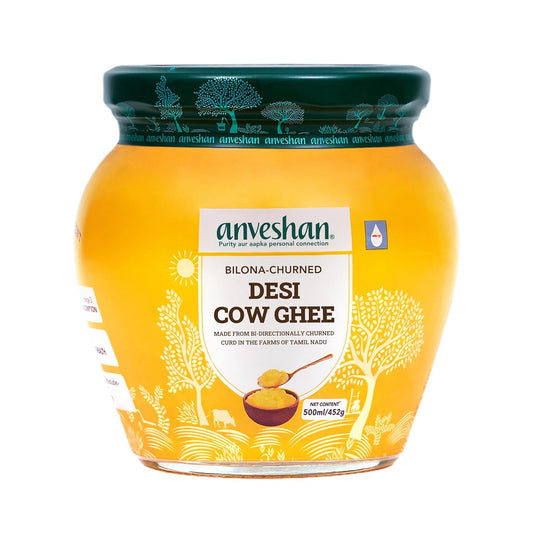 Anveshan A2 Cow Ghee 500ML | Desi Ghee in Glass Jar | Bilona Method | Grass-Fed | Curd-Churned | Cultured Ghee | Pure, Natural, Healthy | Keto-Friendly | Lab Tested