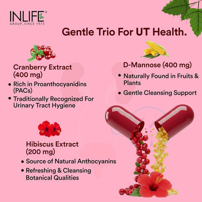 INLIFE Cranberry Capsules for Urinary Tract | D-Mannose Hibiscus Extract | Health Supplement for UTI | Men Women - 60 Vegetarian Capsules (Pack of 1, 60)
