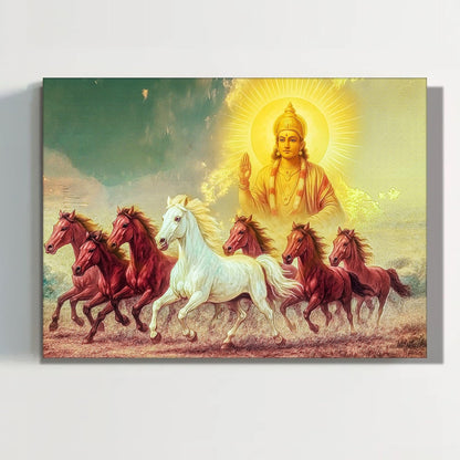 Shurya Dev 7 Running Horses Canvas Wall Art Painting For Living Room, Seven Horse Vastu Painting For Home, Office and Bedroom, Stretched Canvas (16x22 Inch)