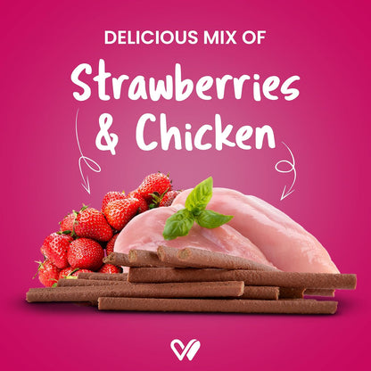 Wiggles Barkstix Dog Treats (Chicken & Strawberry, 100G) | Fresh Chicken Soft Chew Sticks for Training Adult Puppies | Provides Hip and Joint Support with Rosehip Extract and Turmeric | For All Breeds