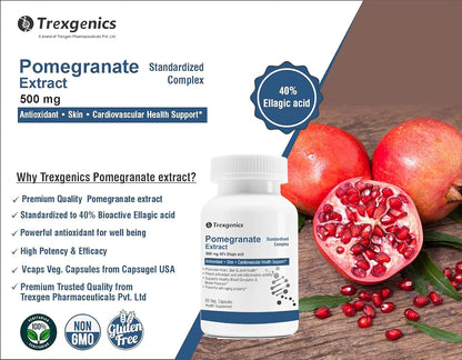 Trexegenics Pomegranate Extract supplement with pomegranates on a wooden surface