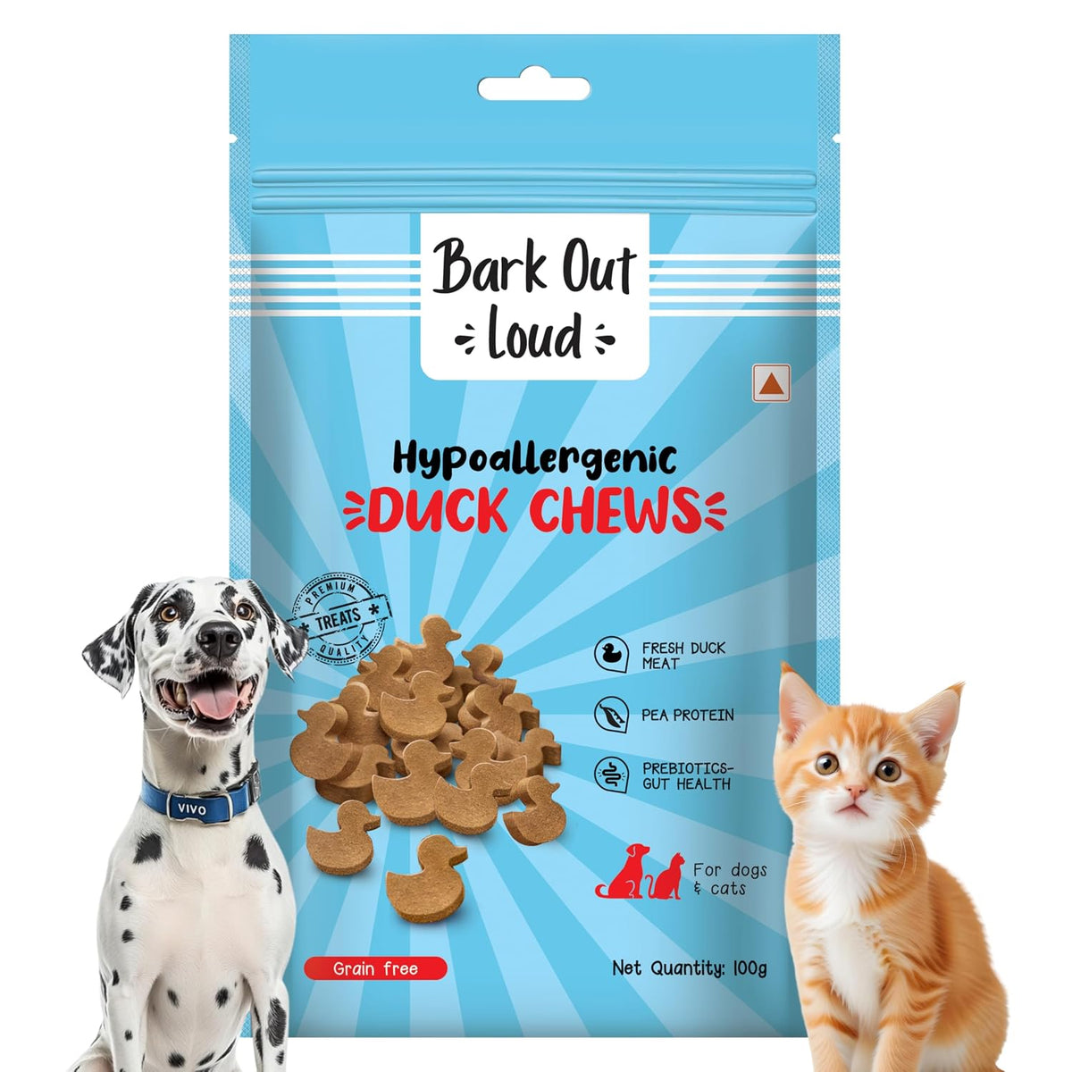 BARK OUT LOUD - Fresh Duck Meat Soft Chews,Dogs & Cats Treats| Grain-Free Hypoallergenic|Low-Fat,High in Fish,& Pea Protein|Prebiotics & Vitamins,Minerals Snacks - 100 gm,All Life Stages,granule