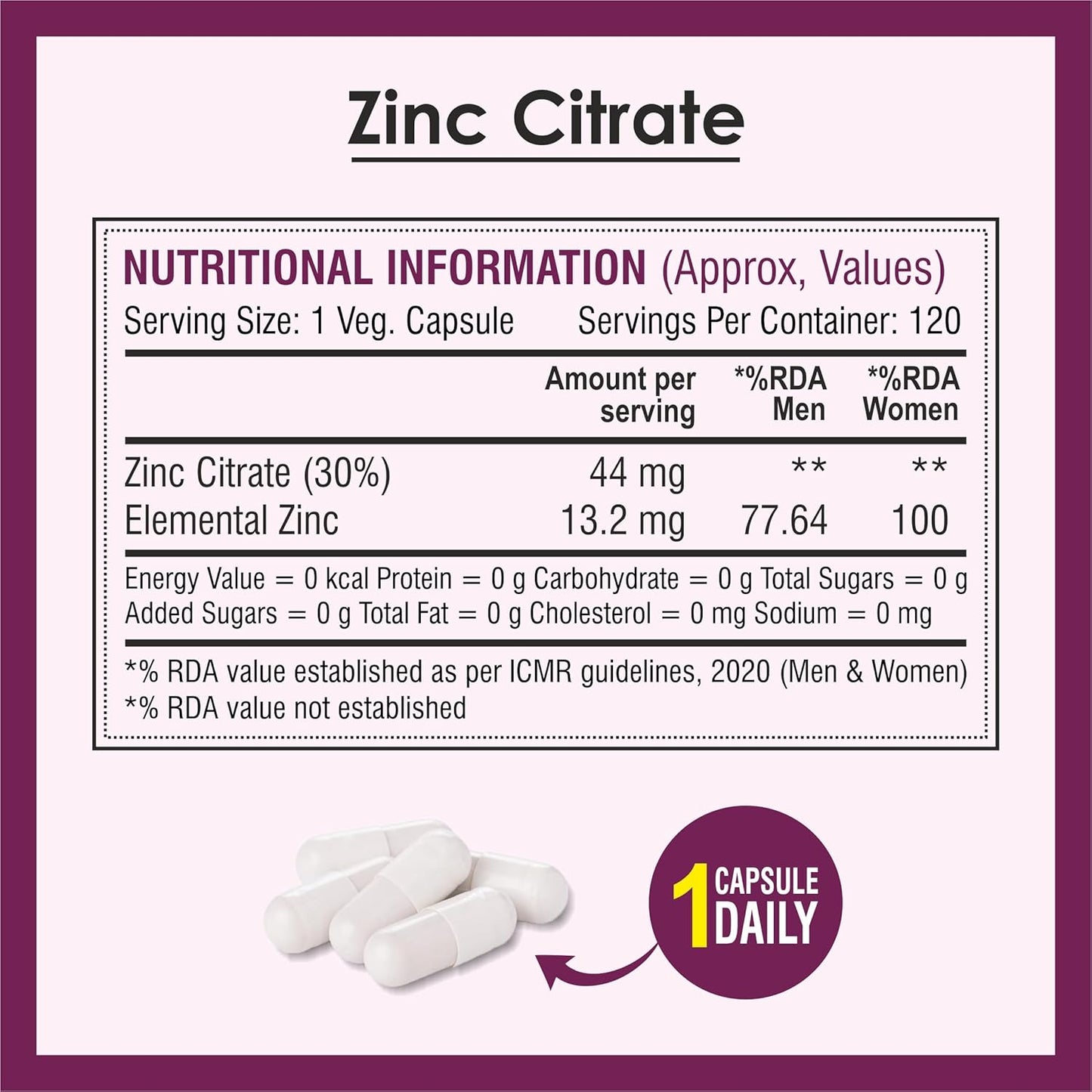 Biotrex Nutraceuticals Zinc Citrate Supplement | Immunity & Growth | Better Immune System & Overall Healing | Well Absorbed Zinc | 120 Veg Capsules