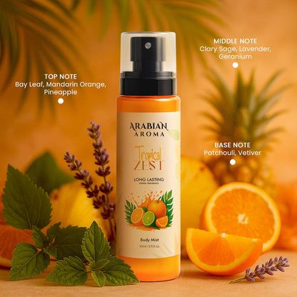 Arabian Aroma Tropical Zest body mist with tropical fruits and herbs on a warm background