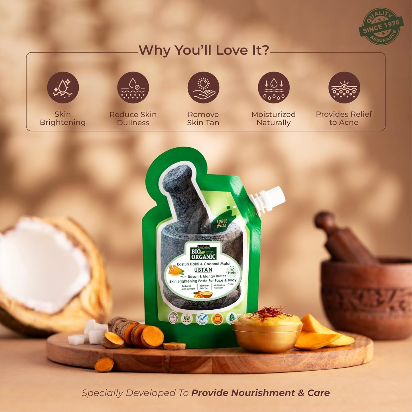 Green packaging of a natural product with text on benefits and ingredients, set against a rustic background.
