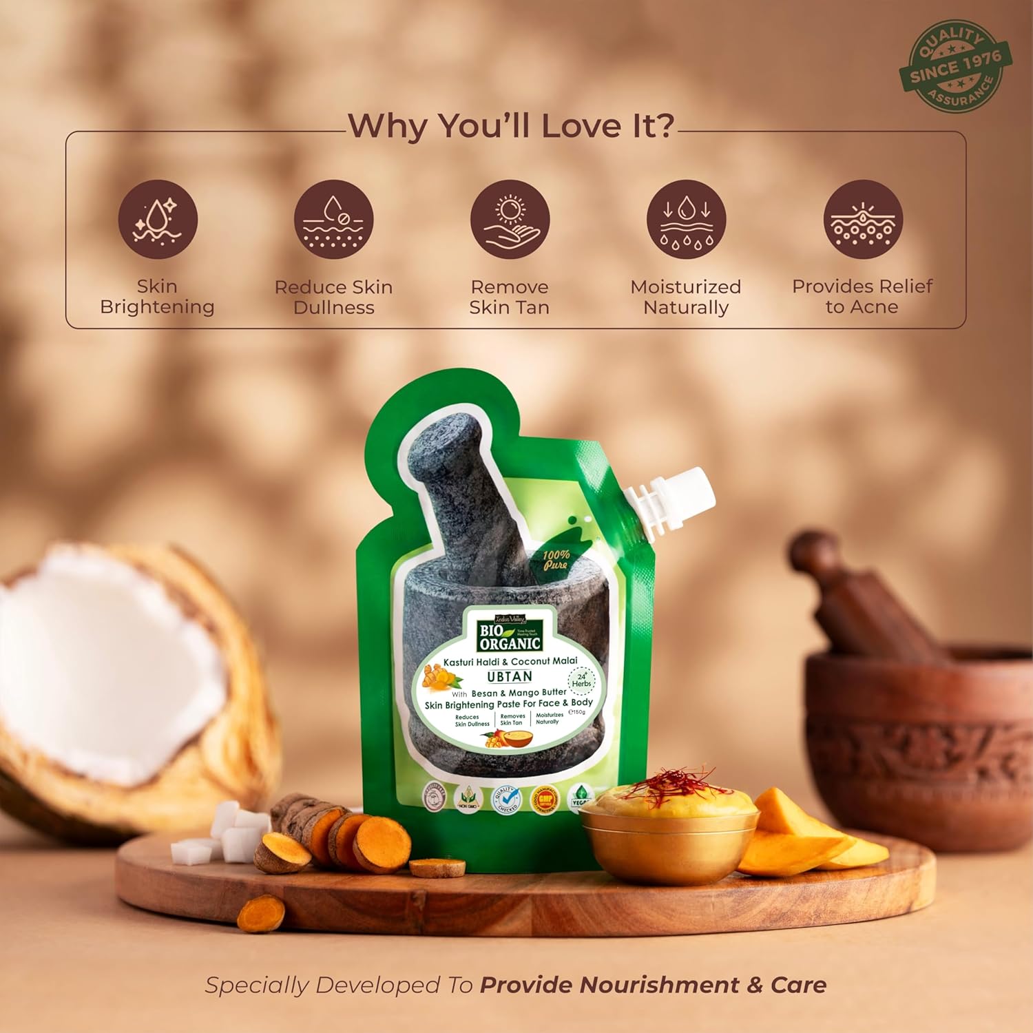 Green packaging of a natural product with text on benefits and ingredients, set against a rustic background.
