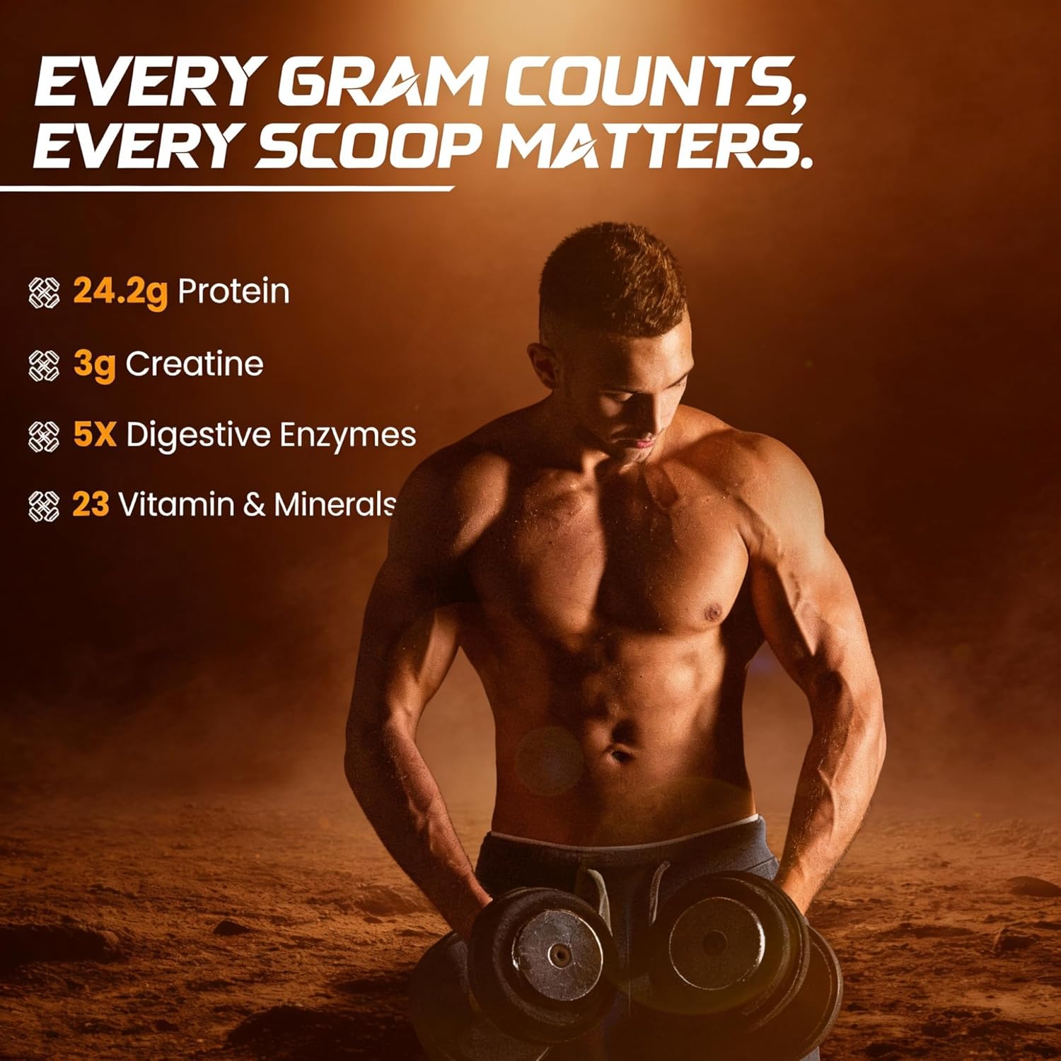 Muscular man holding dumbbells with protein supplement information on a brown background