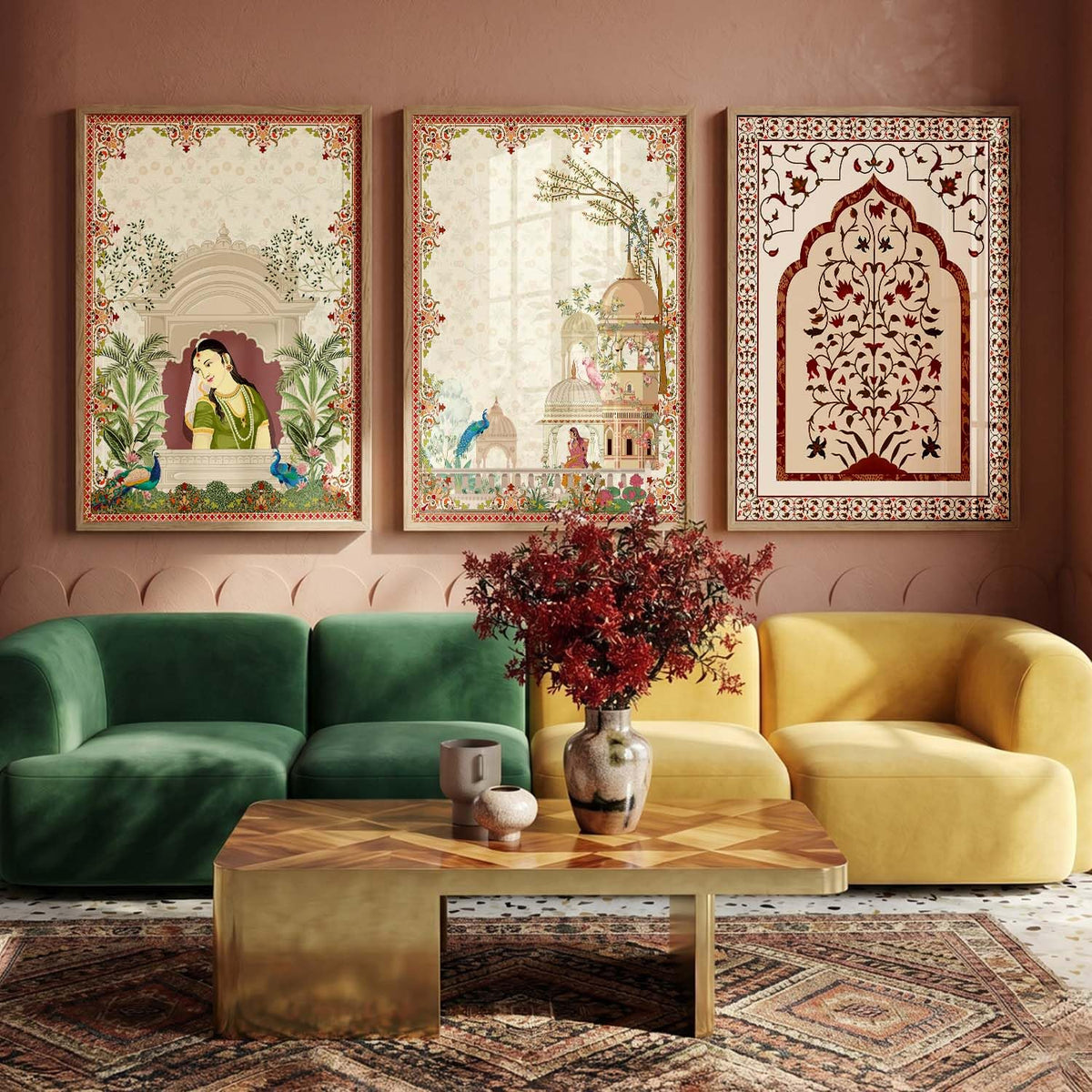 Indian Traditional Madhubani Wall Art Painting With Frame Pichwai Art Home Decoration For Living Room Bed Room Hotel Wall Decor Digital Reprint Set of 3 (13X17 inch)