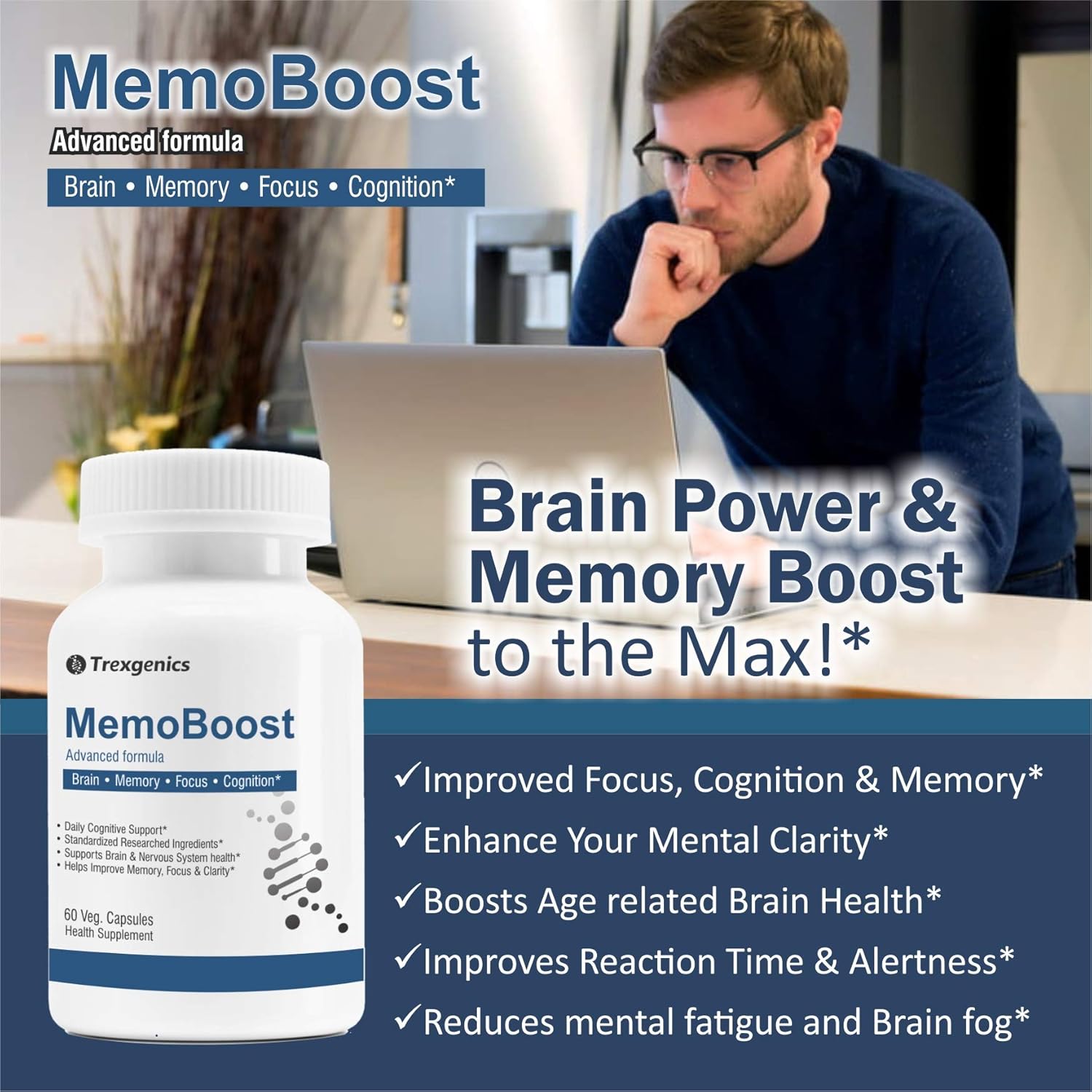 Advertisement for MemoBoost brain supplement with a man using a laptop in the background
