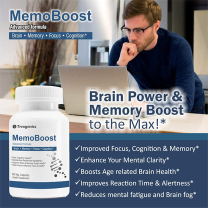Advertisement for MemoBoost brain supplement with a man using a laptop in the background