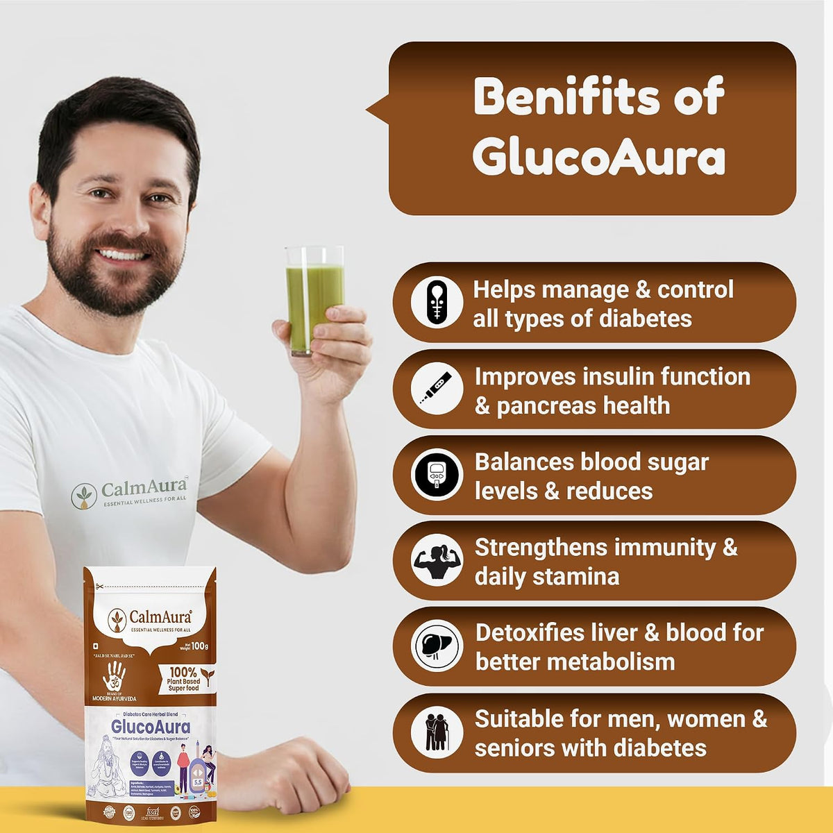 CalmAura GlucoAura Ayurvedic Herbal Wellness Powder 100g | Plant Based Sugar Balance Supplement | Supports Healthy Metabolism, Detox, Digestive Wellness & Daily Vitality | 100% Natural Herbal Formula | Vegan